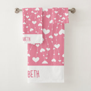Monogram Personalise Pink White Hearts Bath Towel Set