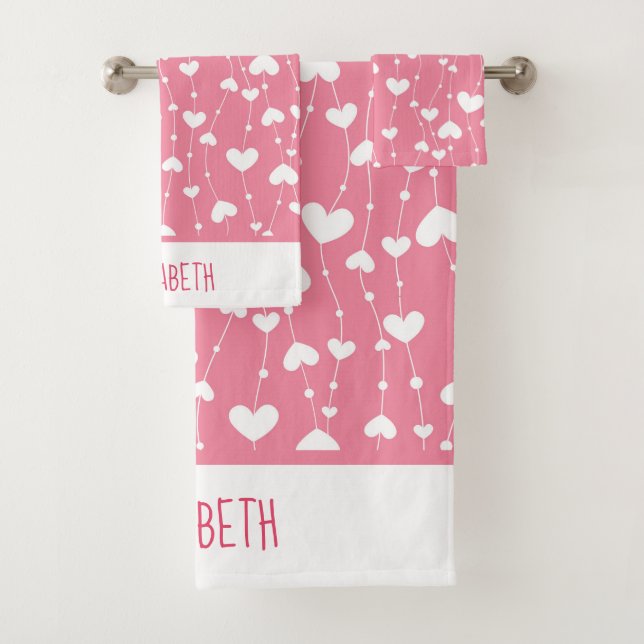 Monogram Personalise Pink White Hearts Bath Towel Set (Insitu)