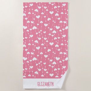 Monogram Personalise Pink White Hearts Beach Towel