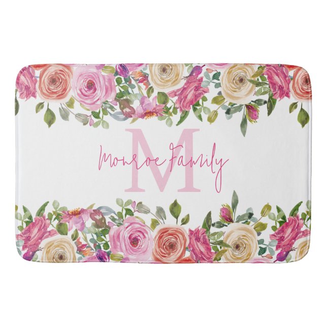 Monogram | Personalise | Watercolor | Floral  Bath Mat (Front)