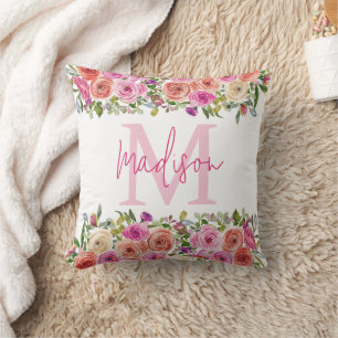 Monogram   Personalise   Watercolor   Floral  Cushion