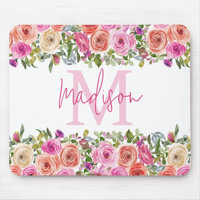 Monogram | Personalise | Watercolor | Floral  Mouse Mat (Front)