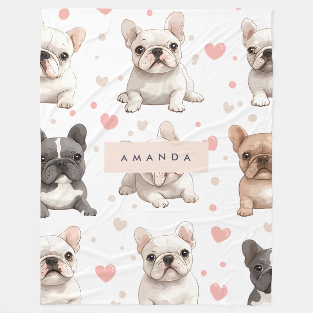Monogram Personalised Adorable French Bulldog  Fleece Blanket (Front)