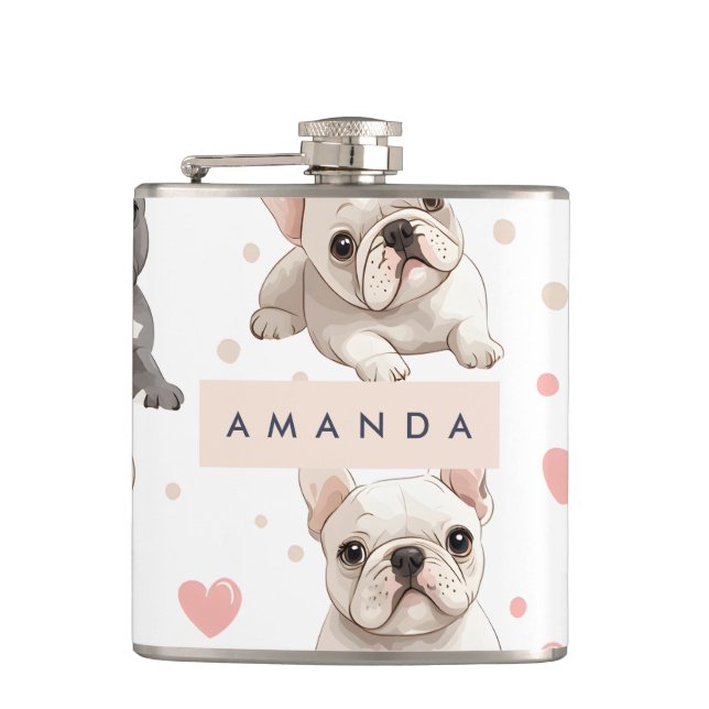 Monogram Personalised Adorable French Bulldog  Hip Flask (Front)