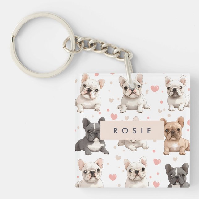 Monogram Personalised Adorable French Bulldog  Key Ring (Front)