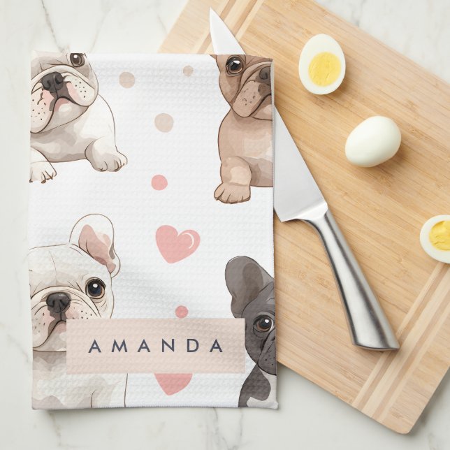 Monogram Personalised Adorable French Bulldog  Tea Towel (Quarter Fold)
