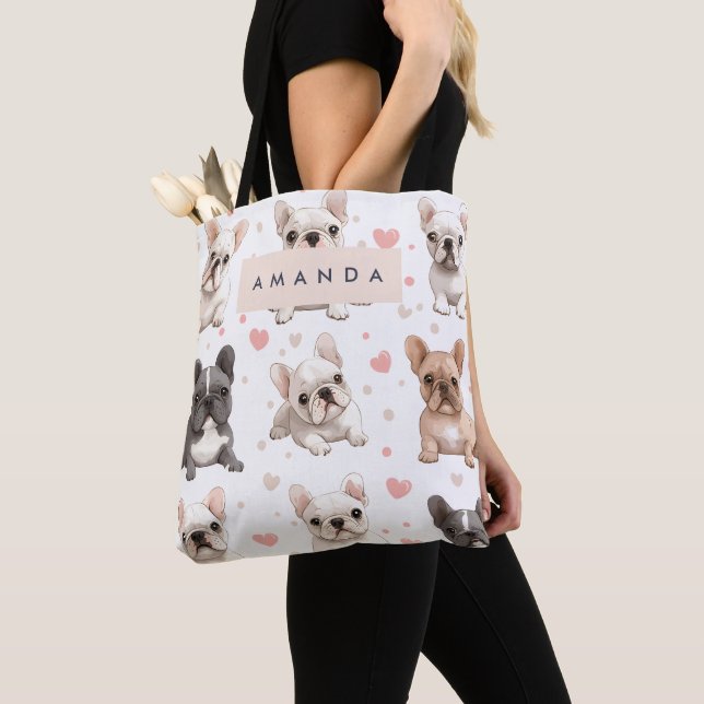 Monogram Personalised Adorable French Bulldog  Tote Bag (Close Up)