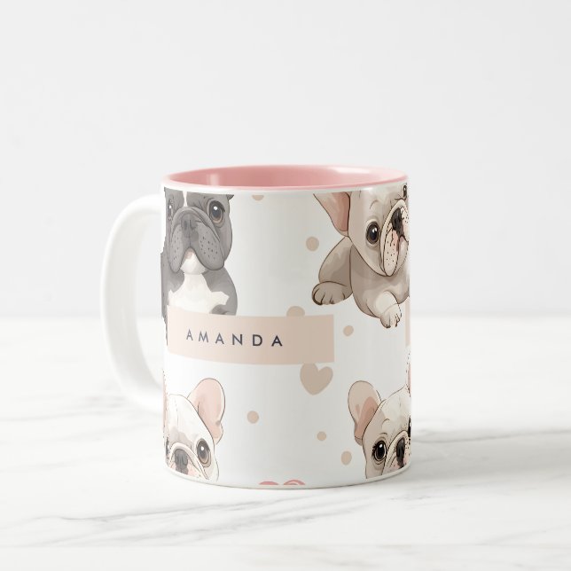Monogram Personalised Adorable French Bulldog  Two-Tone Coffee Mug (Front Left)