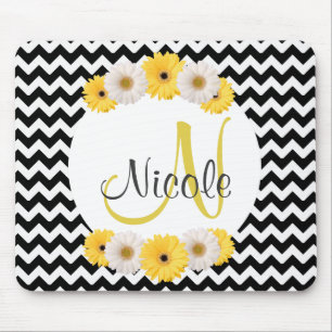 Monogram Personalised black white chevron Daisy Mouse Mat