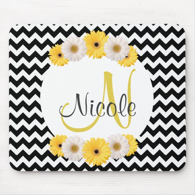 Monogram Personalised black white chevron Daisy Mouse Mat (Front)