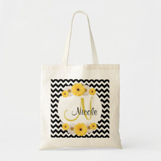 Monogram Personalised black white chevron Daisy Tote Bag