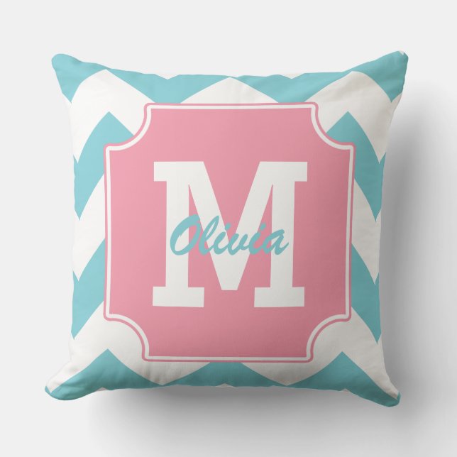 Monogram Personalised Blue and Pink Chevron Cushion (Front)