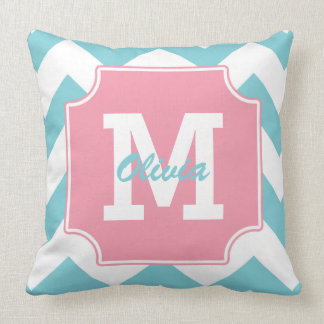 Monogram Personalised Blue and Pink Chevron Cushion