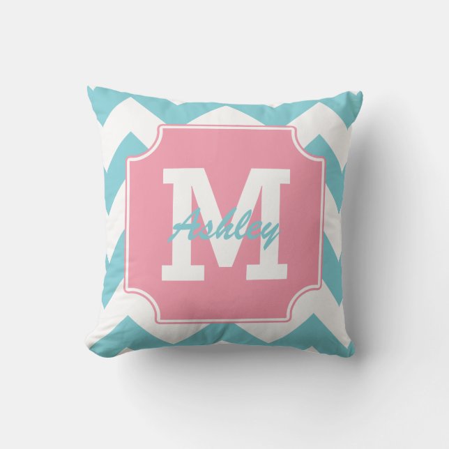 Monogram Personalised Blue and Pink Chevron Cushion (Front)
