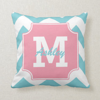 Monogram Personalised Blue and Pink Chevron Cushion