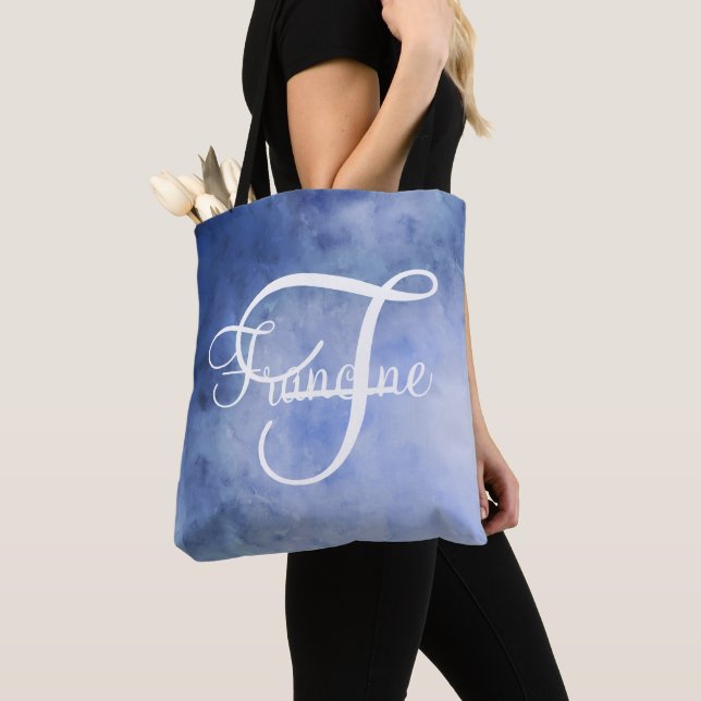 Monogram personalised Blue and White Watercolor Tote Bag (Close Up)