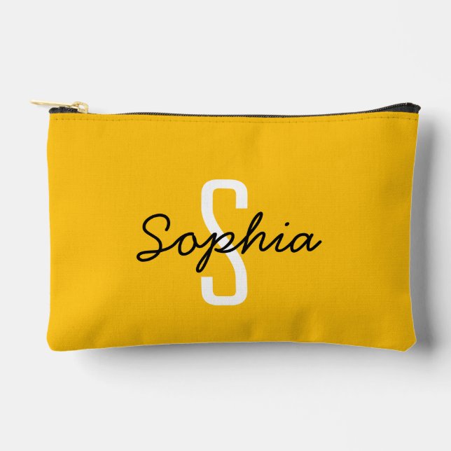 Monogram Personalised Calligraphy Name Yellow Accessory Pouch (Front)