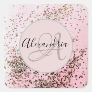 Monogram Personalised Champagne Pink Confetti Square Sticker