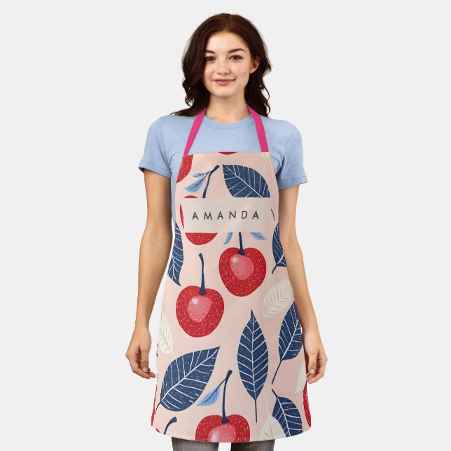 Monogram Personalised Cherry and Leaf Pattern Apron (Worn)