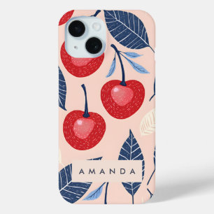 Monogram Personalised Cherry and Leaf Pattern iPhone 15 Case