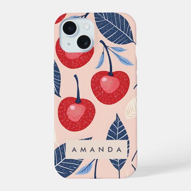Monogram Personalised Cherry and Leaf Pattern iPhone 15 Case (Back)
