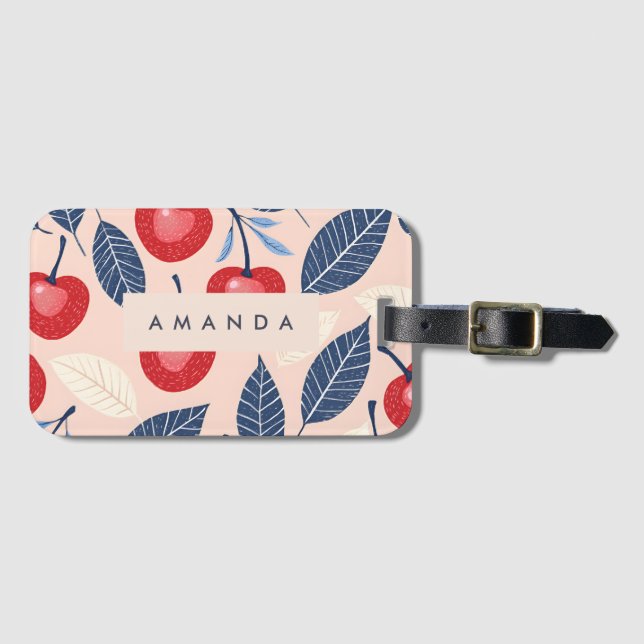 Monogram Personalised Cherry and Leaf Pattern Luggage Tag (Front Horizontal)