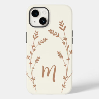 Monogram personalised chic leaves design brown Case-Mate iPhone 14 case