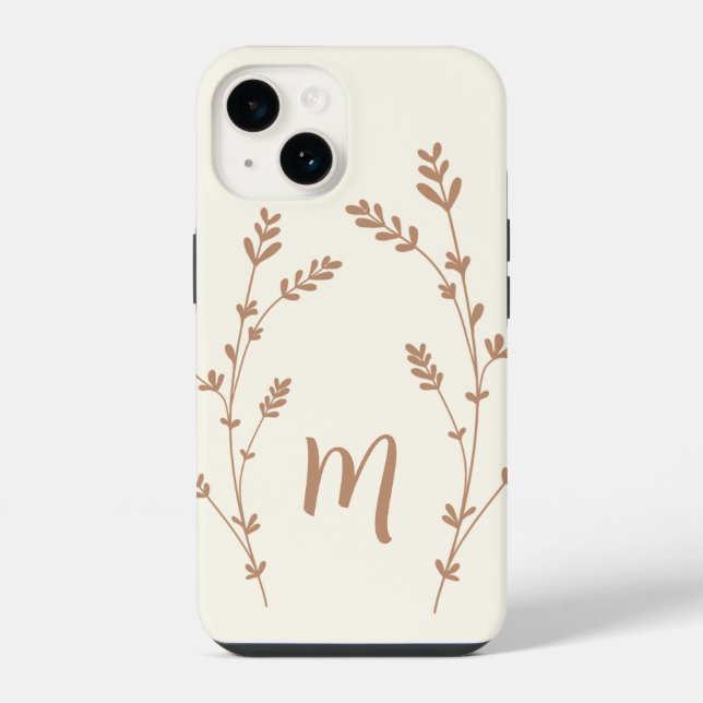 Monogram personalised chic leaves design brown iPhone case (Back)