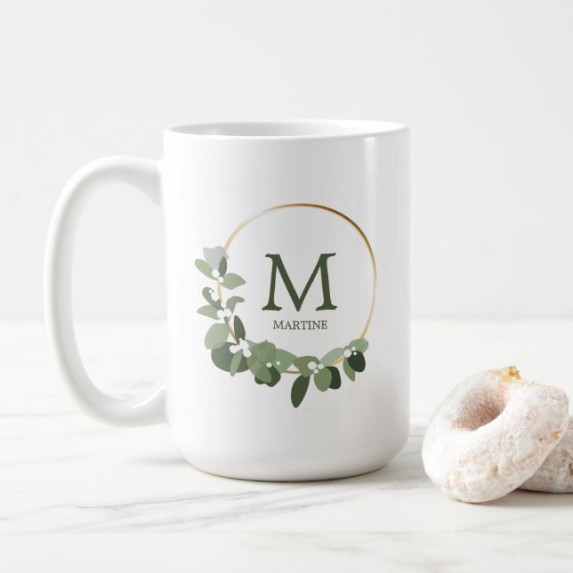 Monogram Personalised Christmas Modern Wreath Coffee Mug (With Donut)