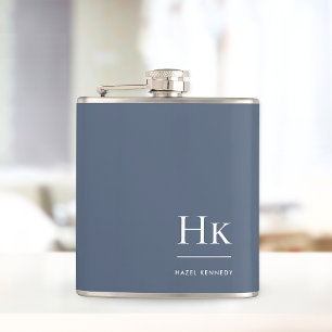 Monogram Personalised Classic Navy Blue White Hip Flask