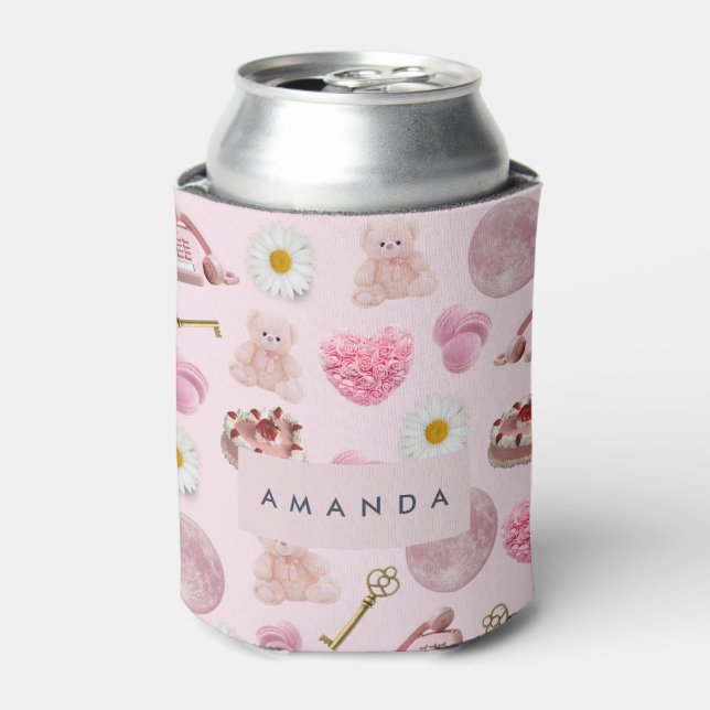 Monogram Personalised Coquette Pink Moon Feminine Can Cooler (Can Front)