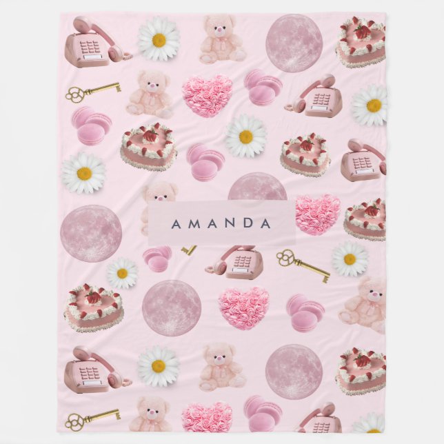 Monogram Personalised Coquette Pink Moon Feminine Fleece Blanket (Front)