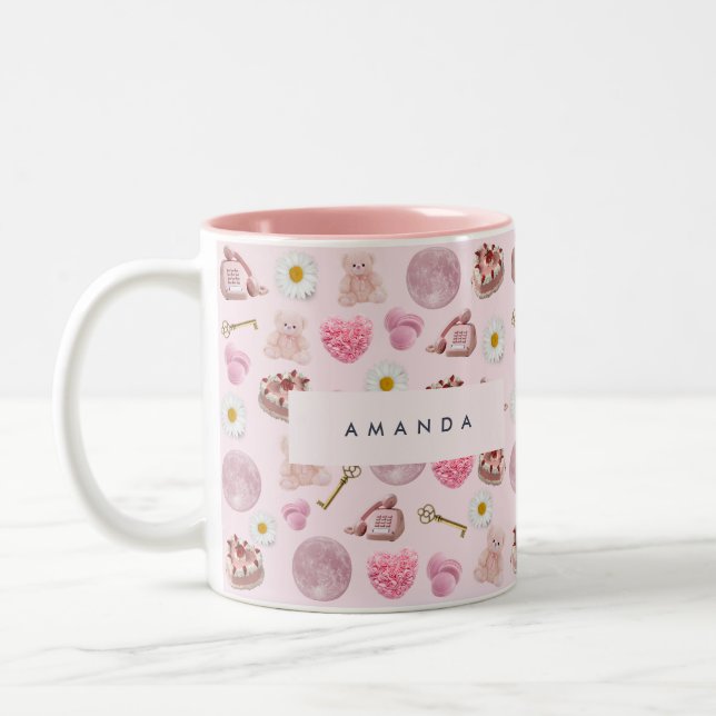 Monogram Personalised Coquette Pink Moon Feminine  Two-Tone Coffee Mug (Left)