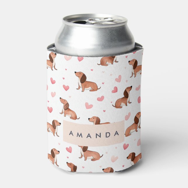 Monogram Personalised Cute Dachshund Dog Can Cooler (Can Front)