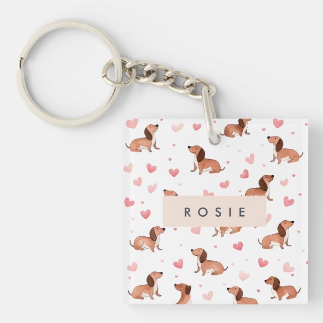 Monogram Personalised Cute Dachshund Dog Key Ring (Front)