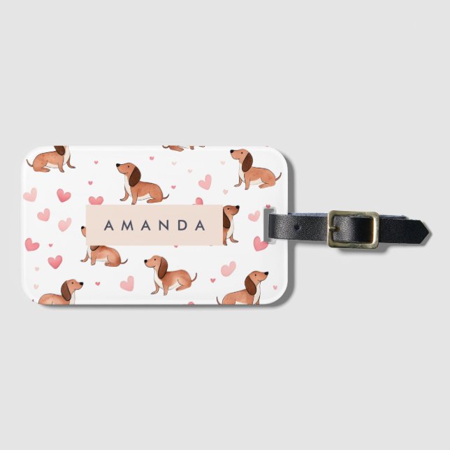 Monogram Personalised Cute Dachshund Dog Luggage Tag (Front Horizontal)