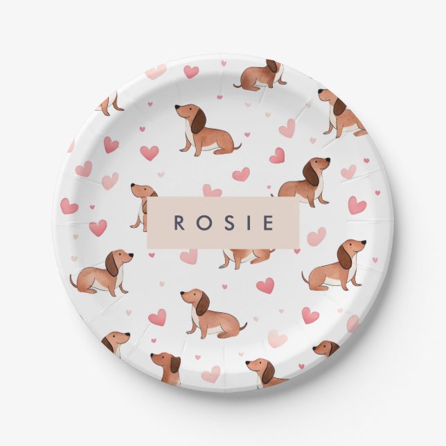 Monogram Personalised Cute Dachshund Dog Paper Plate (Front)