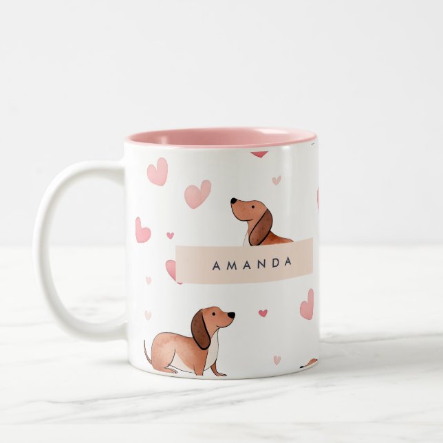 Monogram Personalised Cute Dachshund Dog Two-Tone Coffee Mug (Left)