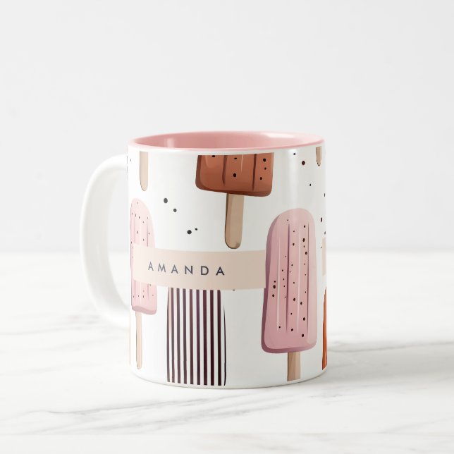 Monogram Personalised Cute Popsicle Pattern Two-Tone Coffee Mug (Front Left)