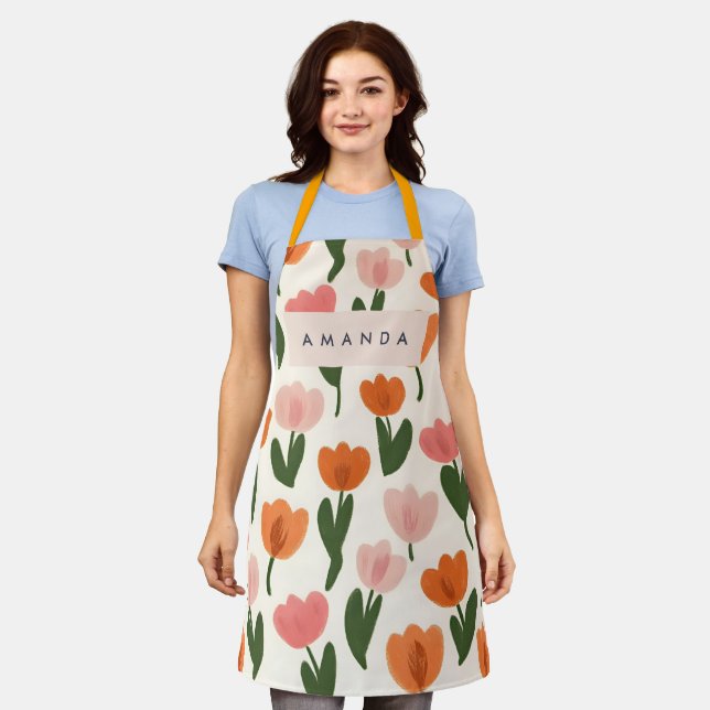 Monogram Personalised Cute Spring Tulip Pattern Apron (Worn)