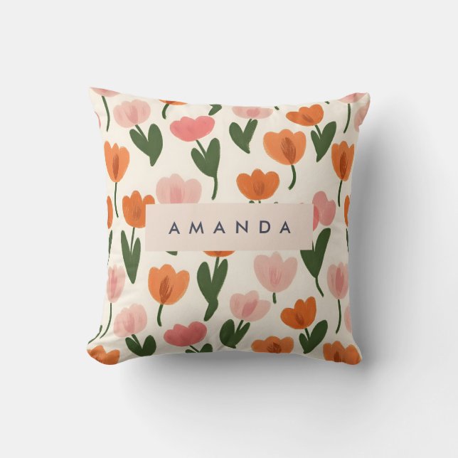 Monogram Personalised Cute Spring Tulip Pattern Cushion (Front)