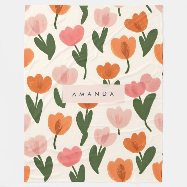 Monogram Personalised Cute Spring Tulip Pattern Fleece Blanket (Front)