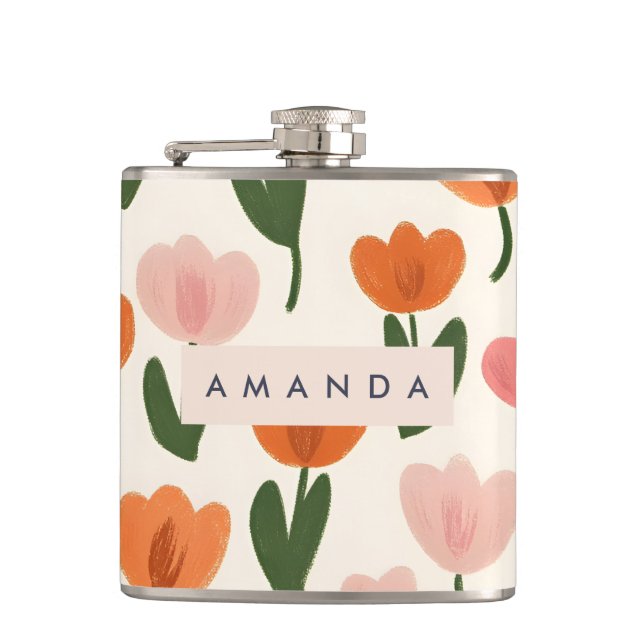 Monogram Personalised Cute Spring Tulip Pattern Hip Flask (Front)