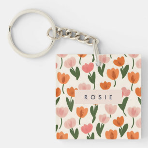 Monogram Personalised Cute Spring Tulip Pattern Key Ring