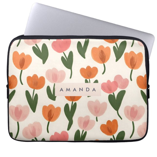 Monogram Personalised Cute Spring Tulip Pattern Laptop Sleeve (Front)
