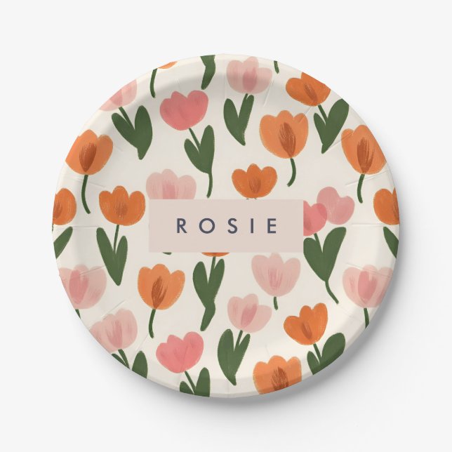 Monogram Personalised Cute Spring Tulip Pattern Paper Plate (Front)