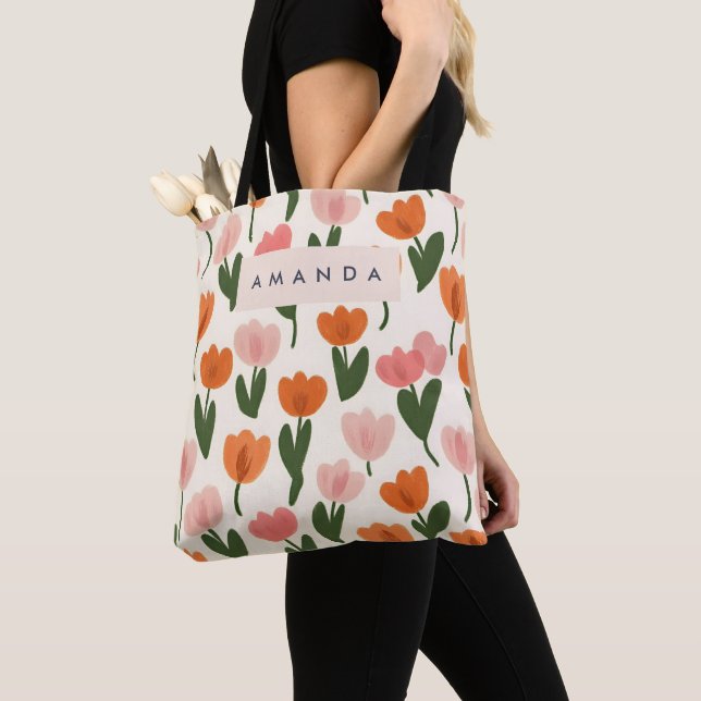 Monogram Personalised Cute Spring Tulip Pattern Tote Bag (Close Up)