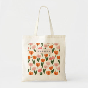 Monogram Personalised Cute Spring Tulip Pattern Tote Bag