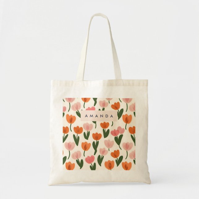Monogram Personalised Cute Spring Tulip Pattern Tote Bag (Front)