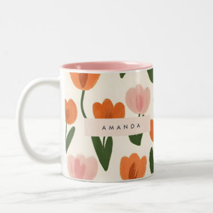 Monogram Personalised Cute Spring Tulip Pattern Two-Tone Coffee Mug